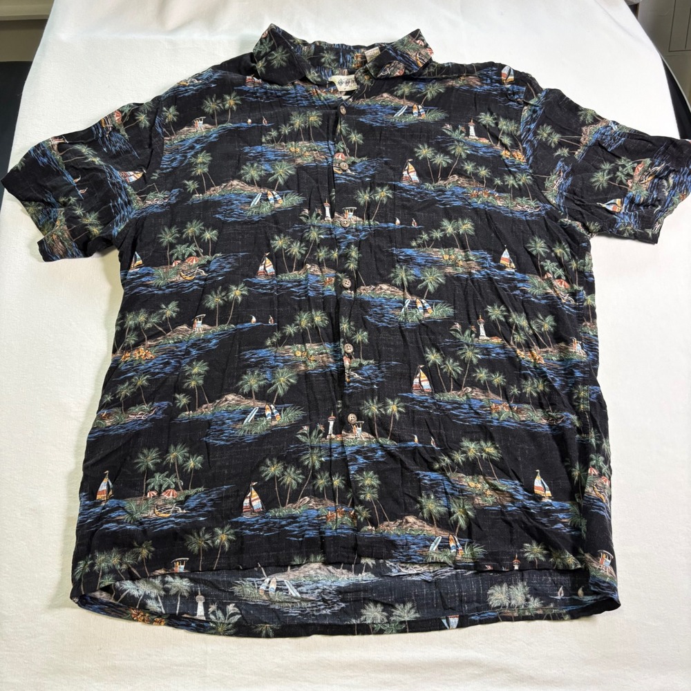 Campia Moda, Hawaiian Shirt, XL, Black, Tropical Island Rayon